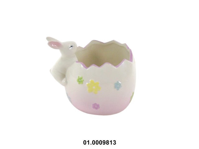 Maceta en forma de huevo color rosa con conejo 19 × 14 × 15 cm de pascua · cerámica