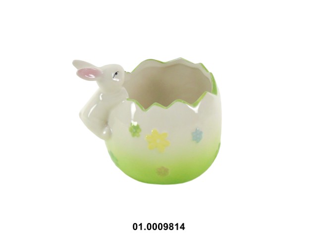 Maceta en forma de huevo color verde con conejo 19 × 14 × 15 cm de pascua · cerámica