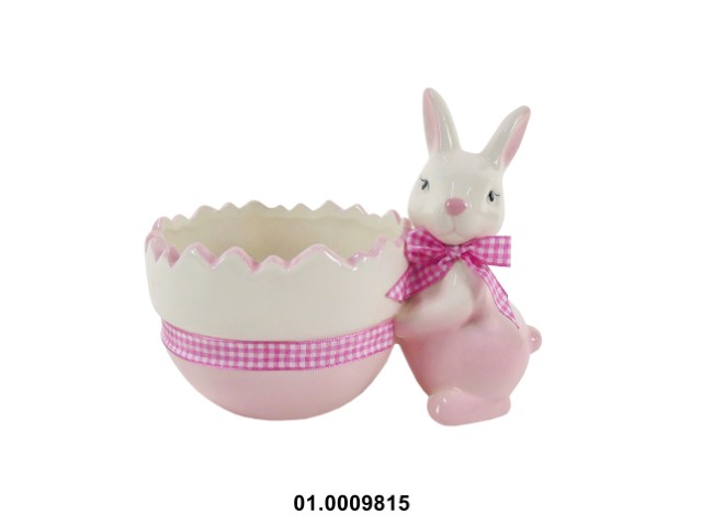 Maceta en forma de huevo color rosa con conejo 19 × 12 × 15 cm de pascua · cerámica