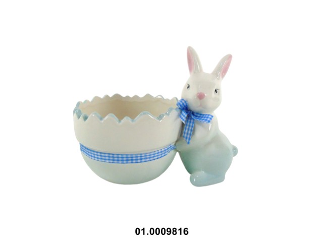Maceta en forma de huevo color azul con conejo 19 × 12 × 15 cm de pascua · cerámica