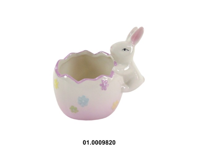 Maceta en forma de huevo color rosa con conejo 13 × 9 × 12 cm de pascua · cerámica