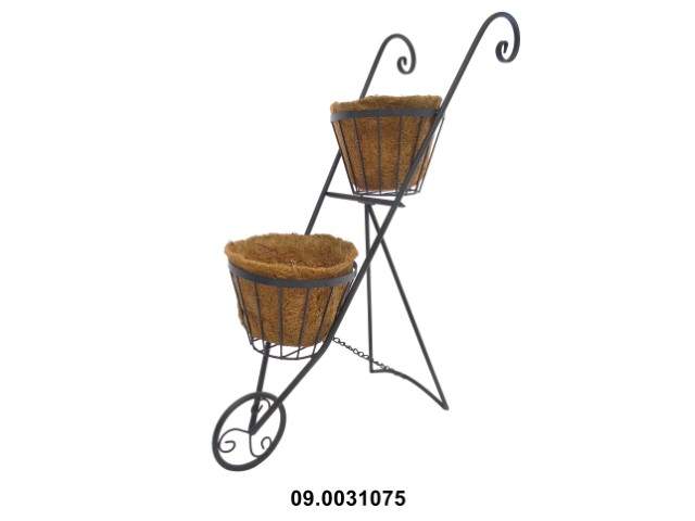 Soporte carretilla para 2 macetas 90 × 26 × 28 cm · metal y lámina de coco