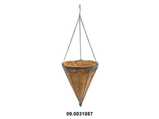 Soporte cono colgante macetero 26 × 26 × 37 cm · metal y lámina de coco