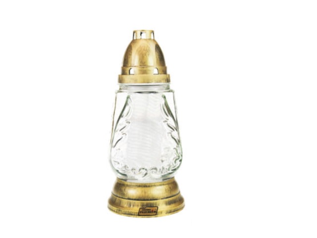 Farol de cristal con vela cilíndrico pequeño labrado dorado 25 cm