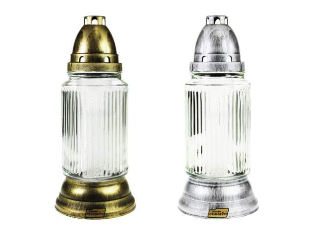 Farol de cristal con vela cilíndrico acanalado dorado y plateado 25 cm