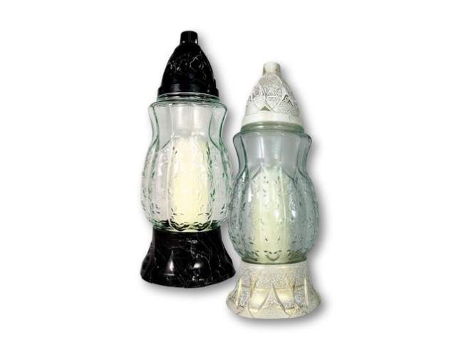 Farol de cristal con vela ovalado texturizado dorado, plateado y blanco 28 cm