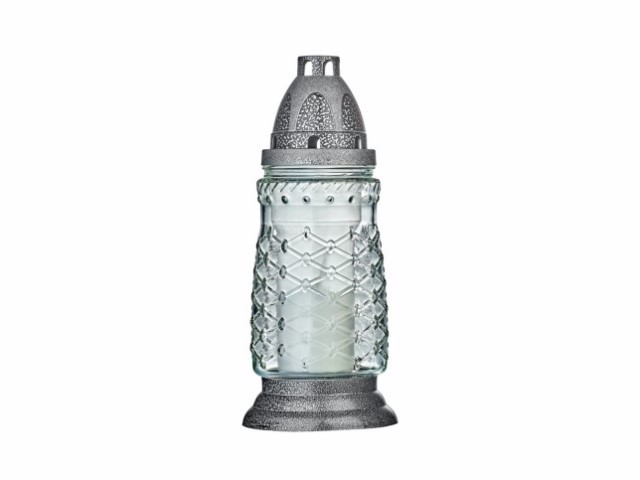 Farol de cristal con vela cilíndrico texturizado compacto plateado 23 cm