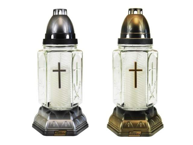Farol de cristal con vela cilíndrico con cruz dorado y plateado 25 cm
