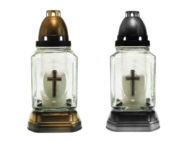 Farol de cristal con vela rectangular con cruz dorado y plateado 24 cm