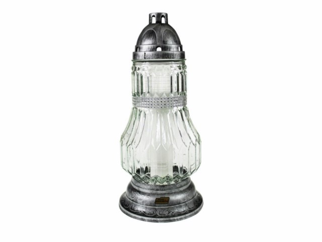 Farol de cristal con vela clásico tallado plateado 37 cm