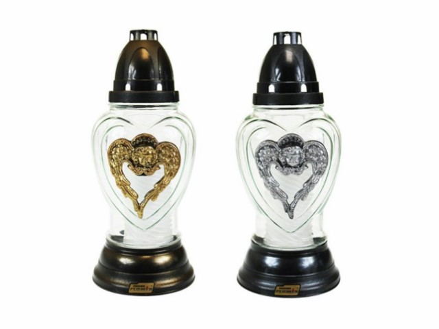 Farol de cristal con vela con forma de corazón dorado y plateado 26 cm