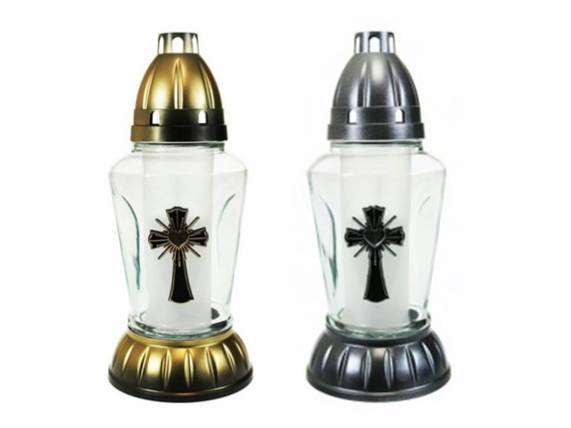 Farol de cristal con vela cilíndrico con cruz negra dorado y plateado 25 cm