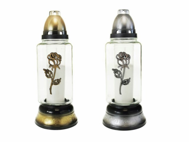 Farol de cristal con vela cilíndrico con rosa dorado y plateado 31 cm