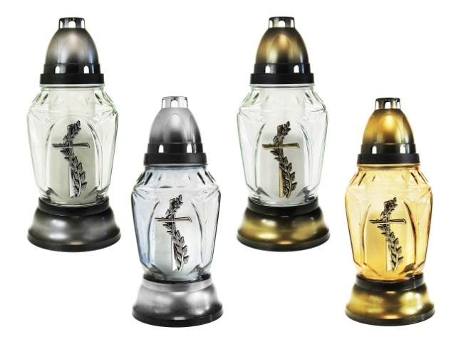 Farol de cristal con vela cilíndrico con figura religiosa dorado y plateado 25 cm