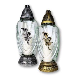 Farol de cristal con vela ovalado con lirio dorado y plateado 32 cm
