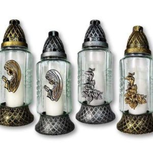 Farol de cristal con vela ovalado con motivos religiosos dorado y plateado 27 cm