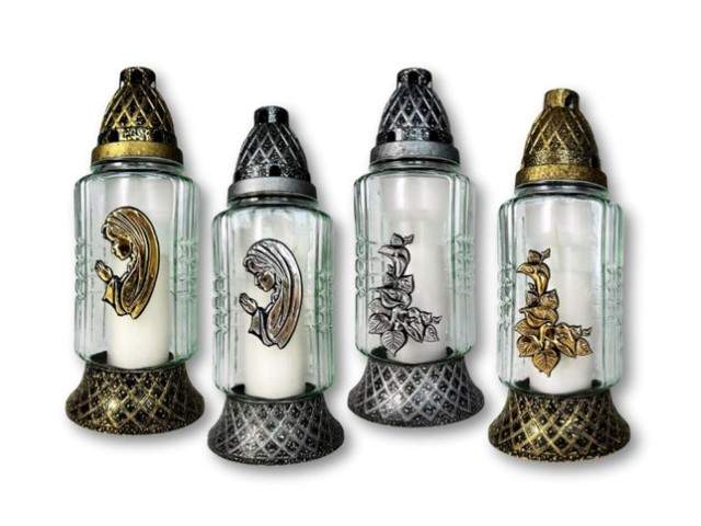 Farol de cristal con vela ovalado con motivos religiosos dorado y plateado 27 cm