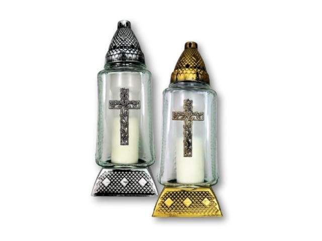 Farol de cristal con vela con cruz calada dorado y plateado 28 cm