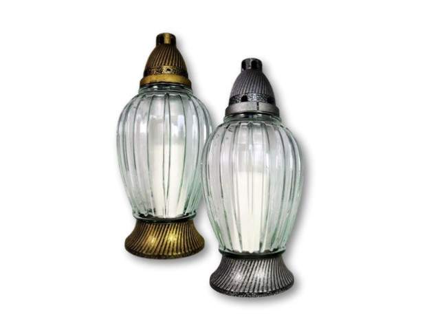Farol de cristal con vela ovalado acanalado dorado y plateado 29 cm