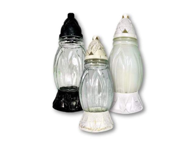 Farol de cristal con vela ovalado estriado negro y blanco 28 cm