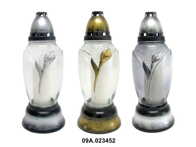 Farol de cristal con vela cilíndrico con espiga dorado y plateado 30 cm