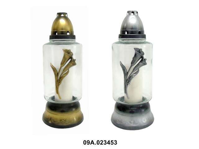 Farol de cristal con vela cilíndrico con flor estilizada dorado y plateado 31 cm