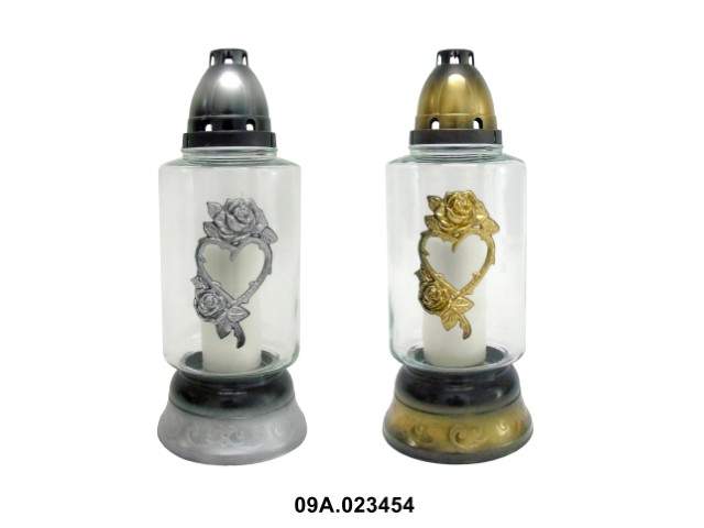 Farol de cristal con vela cilíndrico con flor ornamental dorado y plateado 31 cm