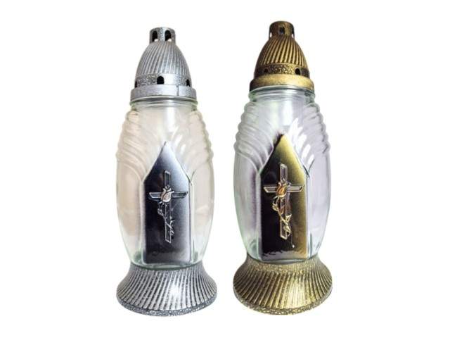 Farol de cristal con vela ovalado con figura religiosa dorado y plateado 29 cm
