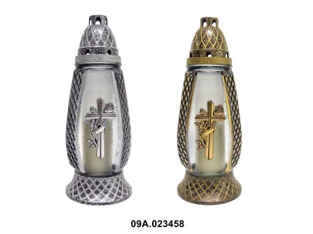 Farol de cristal con vela ovalado con cruz dorado y plateado 29 cm