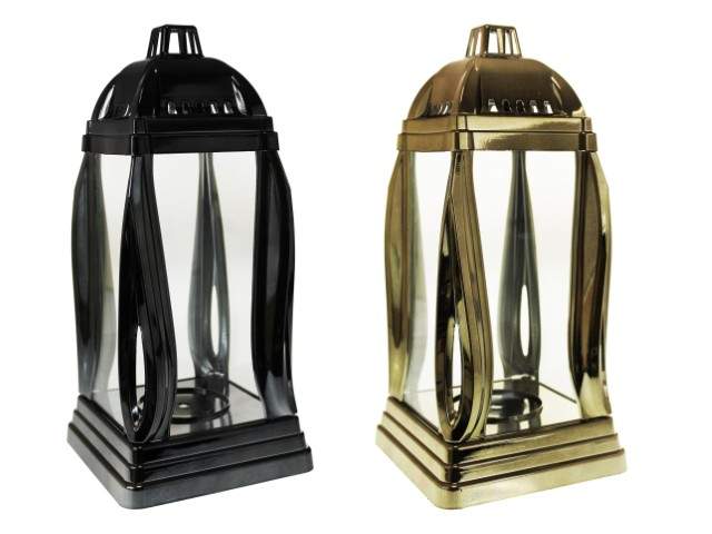 Farol de cristal con vela rectangular alto dorado 34 cm