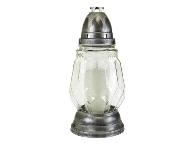 Farol de cristal con vela clásico tallado compacto plateado 31 cm