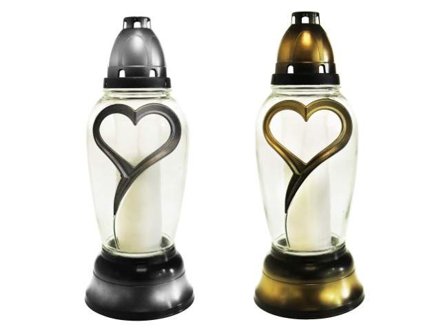 Farol de cristal con vela cilíndrico con corazón dorado y plateado 31 cm