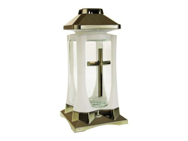 Farol de cristal con vela rectangular con cruz dorado 29 cm