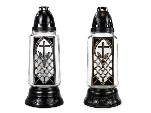 Farol de cristal con vela hexagonal con cruz y rejilla dorado y plateado 31 cm