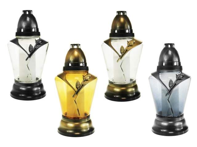 Farol de cristal con vela facetado con estrella dorado, plateado, grafito y amarillo 27 cm