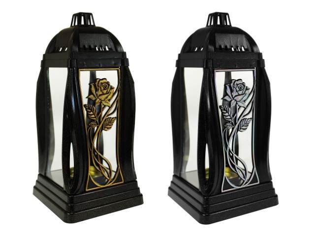 Farol de cristal con vela rectangular con figura religiosa dorado y plateado 34 cm